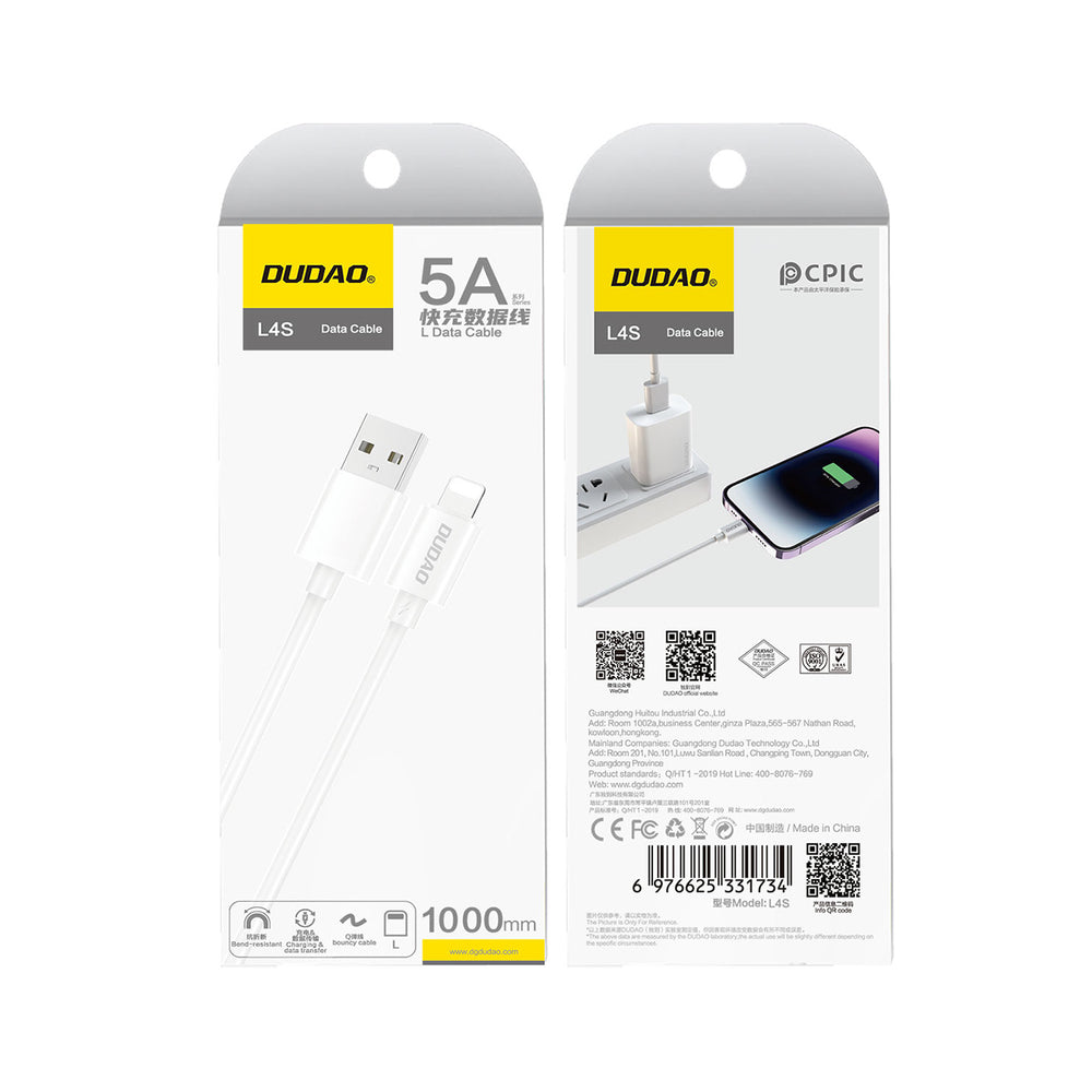 Dudao L4SL USB-A / Lightning 2A-kabel 1m - vit