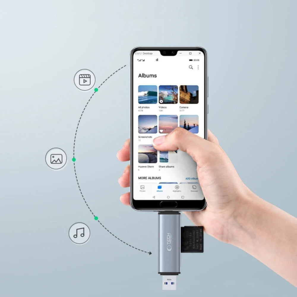 Tech-Protect UltraBoost SD/micro SD-kortläsare med USB-C/USB-A-kontakter - grå