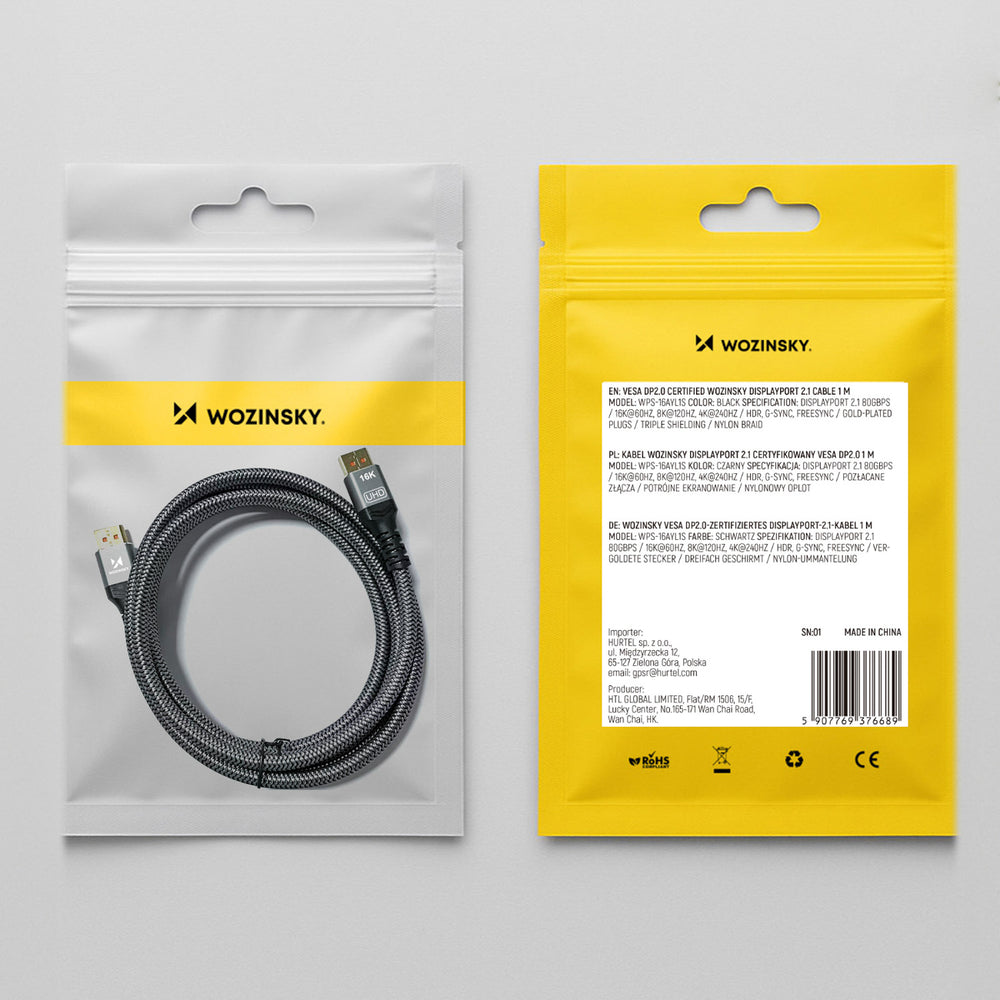 Wozinsky WPS-16AYL1S DisplayPort 2.1 Kabel 80Gb/s 16K@60Hz 8K@120Hz 4K@240Hz HDR HDCP DSC 1m - Svart