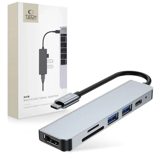 HUB Tech-Protect V4 6in1 USB-C - USB-A 3.0 / USB-A 2.0 / USB-C / HDMI / micro SD / TF / SD Kortläsare - Grå
