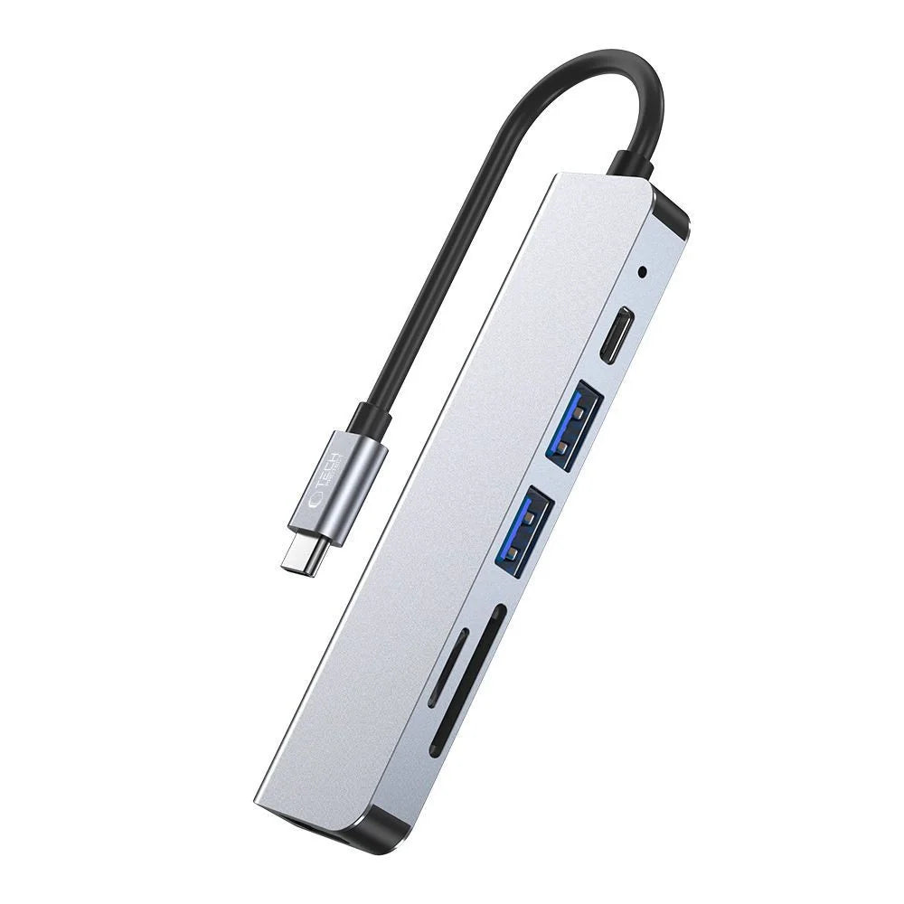 HUB Tech-Protect V4 6in1 USB-C - USB-A 3.0 / USB-A 2.0 / USB-C / HDMI / micro SD / TF / SD Kortläsare - Grå