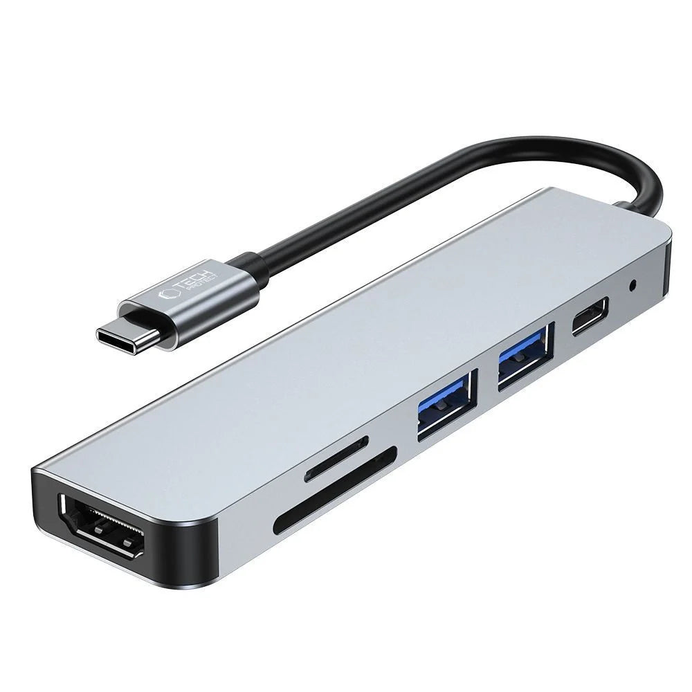 HUB Tech-Protect V4 6in1 USB-C - USB-A 3.0 / USB-A 2.0 / USB-C / HDMI / micro SD / TF / SD Kortläsare - Grå