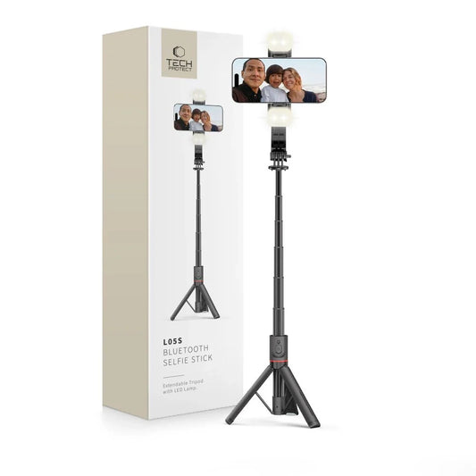 Tech-Protect L05S Bluetooth-selfiestick med stativ upp till 105 cm med LED-ljus - svart