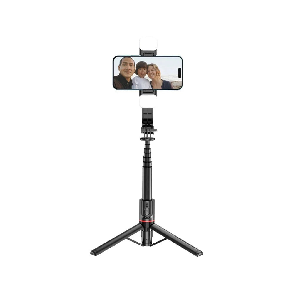 Tech-Protect L05S Bluetooth-selfiestick med stativ upp till 105 cm med LED-ljus - svart