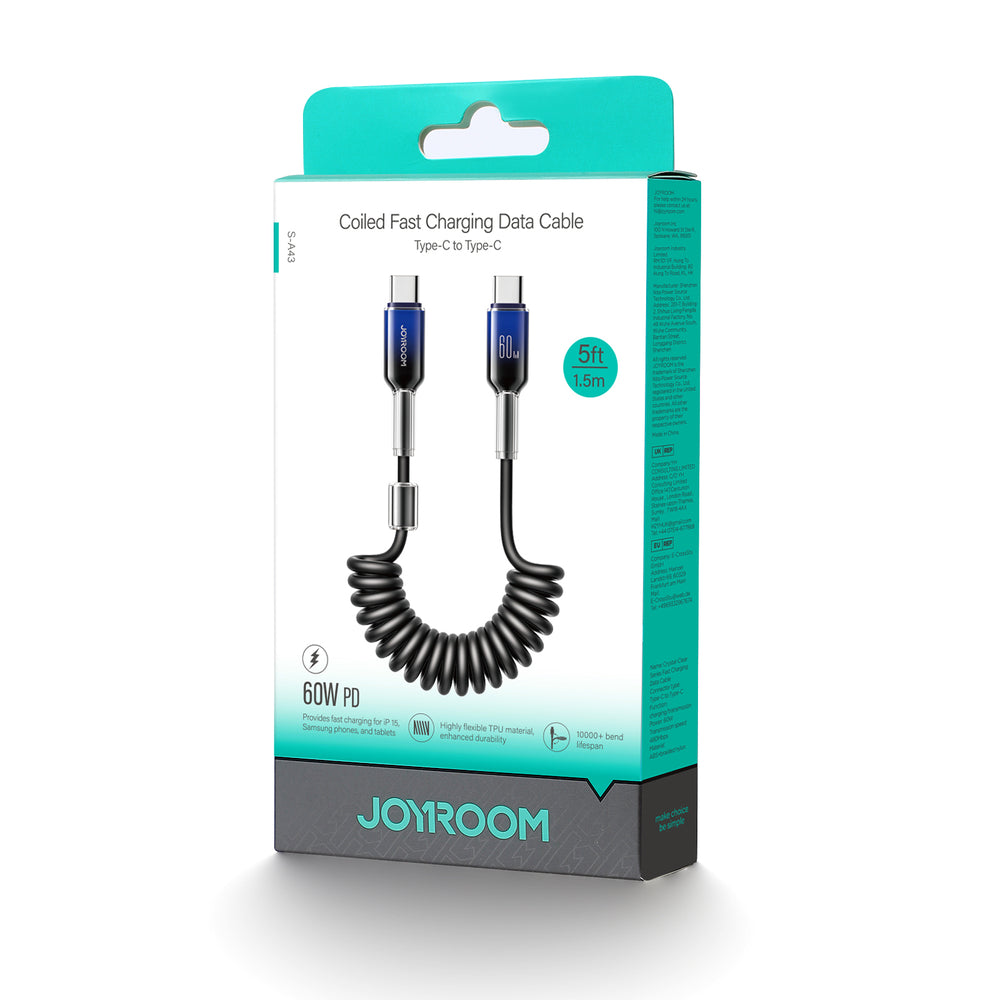 Joyroom S-A43 Crystal-Clear Series 60W USB-C - USB-C spiralkabel 1,5m - svart