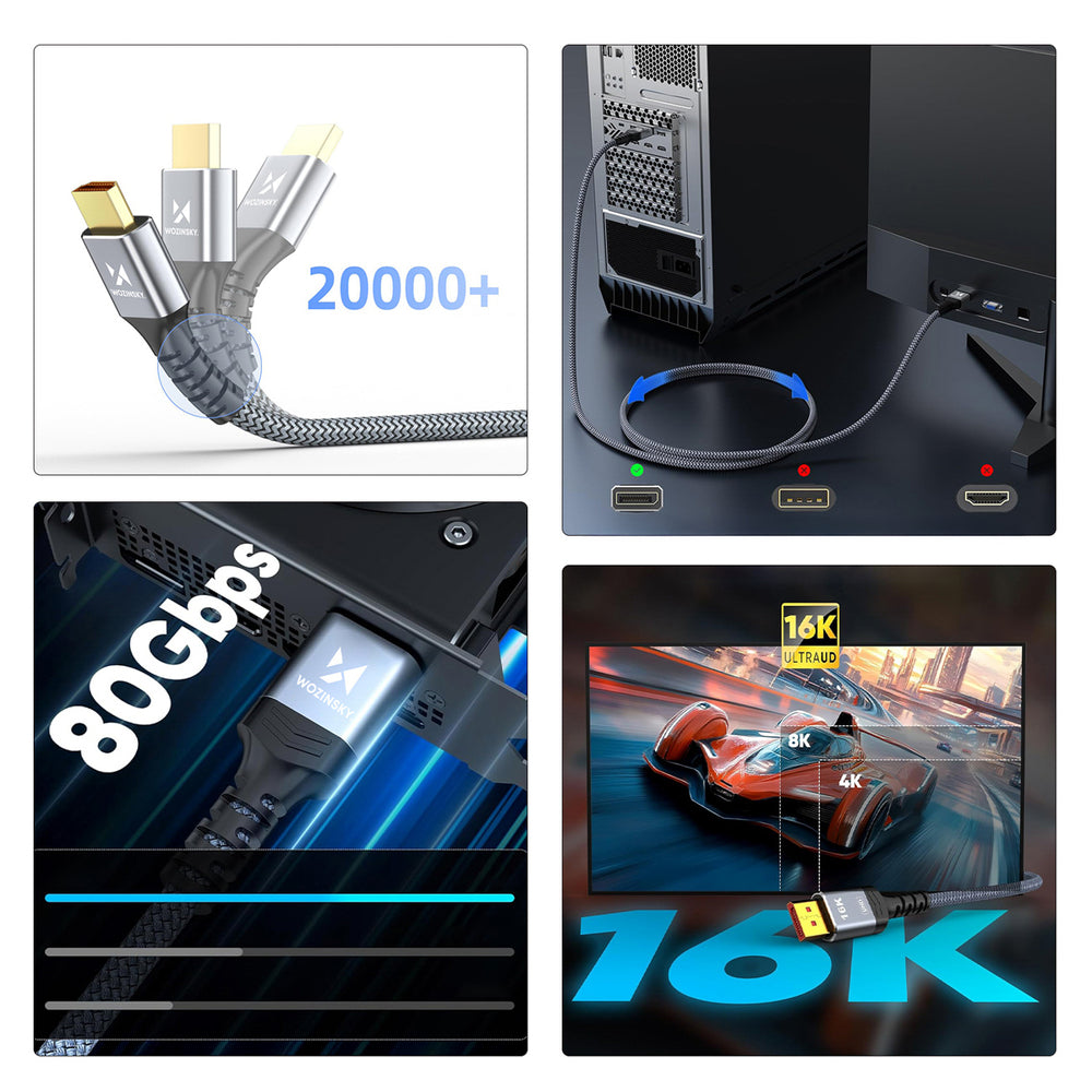 Wozinsky WPS-16AYL3S DisplayPort 2.1-kabel 80Gb/s 16K@60Hz 8K@120Hz 4K@240Hz HDR HDCP DSC 3m - Svart