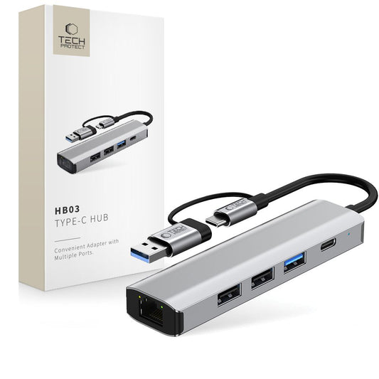 Tech-Protect HB03 HUB Adapter 5in1 USB-C + USB2.0 + USB3.0 + RJ45 - grått