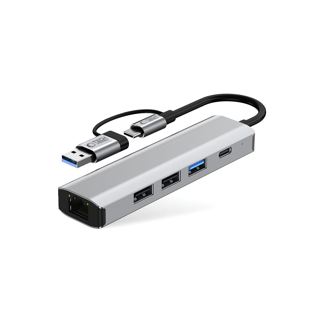 Tech-Protect HB03 HUB Adapter 5in1 USB-C + USB2.0 + USB3.0 + RJ45 - grått
