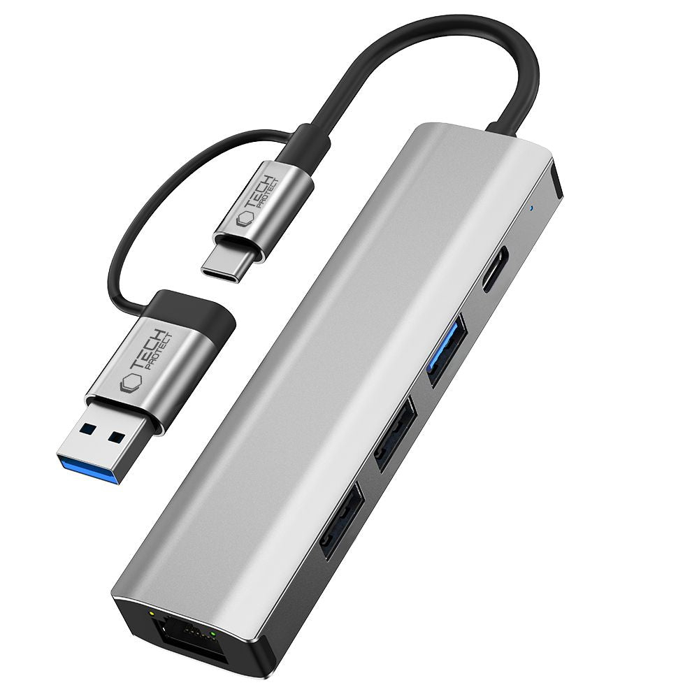Tech-Protect HB03 HUB Adapter 5in1 USB-C + USB2.0 + USB3.0 + RJ45 - grått
