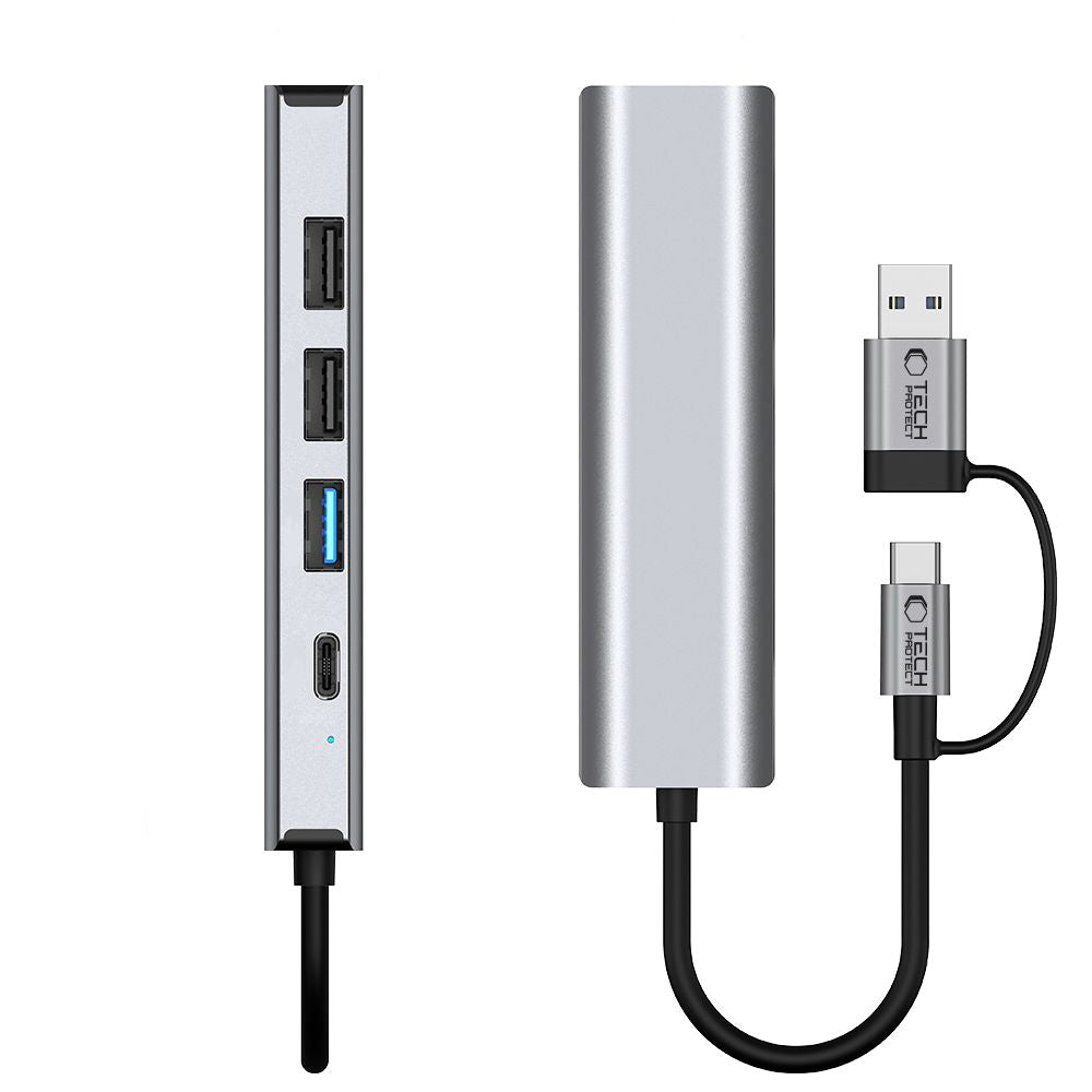 Tech-Protect HB03 HUB Adapter 5in1 USB-C + USB2.0 + USB3.0 + RJ45 - grått