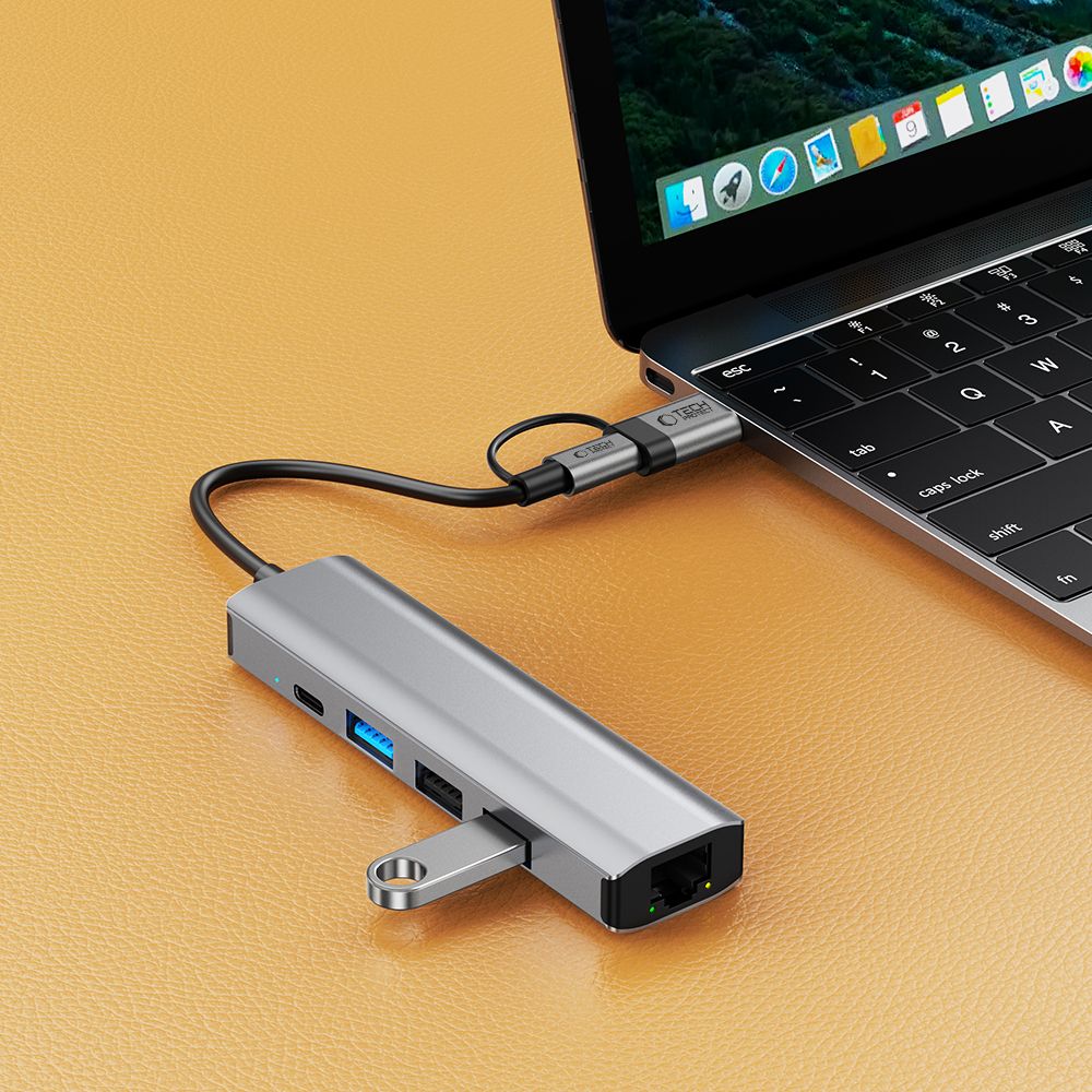 Tech-Protect HB03 HUB Adapter 5in1 USB-C + USB2.0 + USB3.0 + RJ45 - grått
