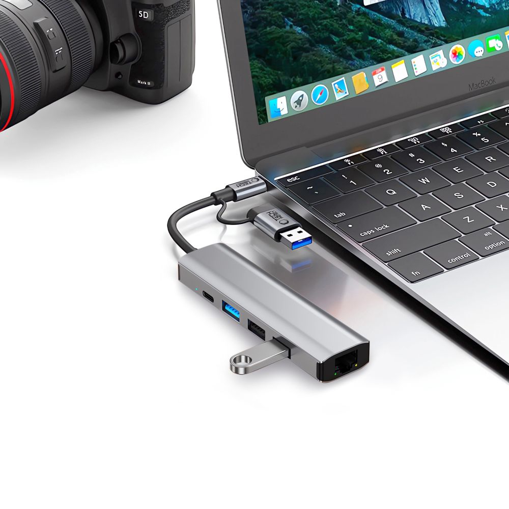Tech-Protect HB03 HUB Adapter 5in1 USB-C + USB2.0 + USB3.0 + RJ45 - grått
