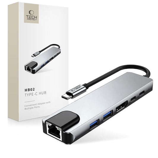 Tech-Protect HB02 HUB Adapter 6in1 USB-C + USB2.0 + USB3.0 + HDMI 4K 30Hz + RJ45 + PD100W - grått