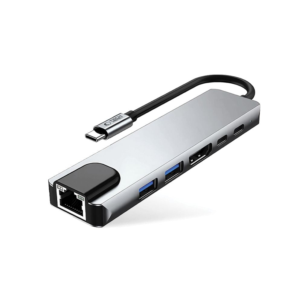 Tech-Protect HB02 HUB Adapter 6in1 USB-C + USB2.0 + USB3.0 + HDMI 4K 30Hz + RJ45 + PD100W - grått