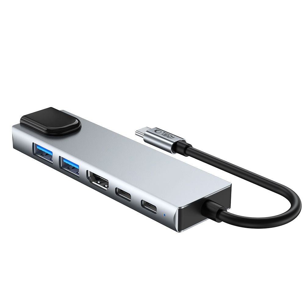 Tech-Protect HB02 HUB Adapter 6in1 USB-C + USB2.0 + USB3.0 + HDMI 4K 30Hz + RJ45 + PD100W - grått