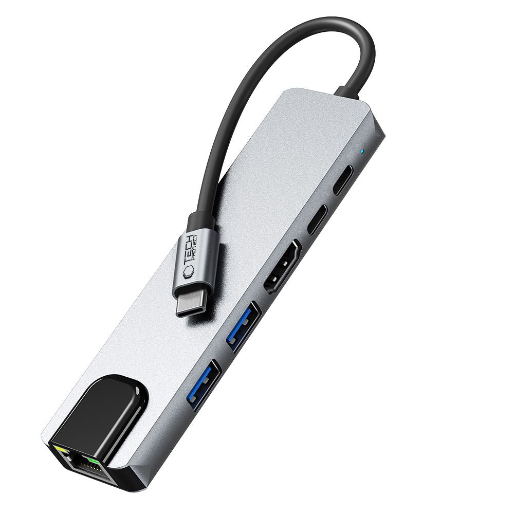 Tech-Protect HB02 HUB Adapter 6in1 USB-C + USB2.0 + USB3.0 + HDMI 4K 30Hz + RJ45 + PD100W - grått