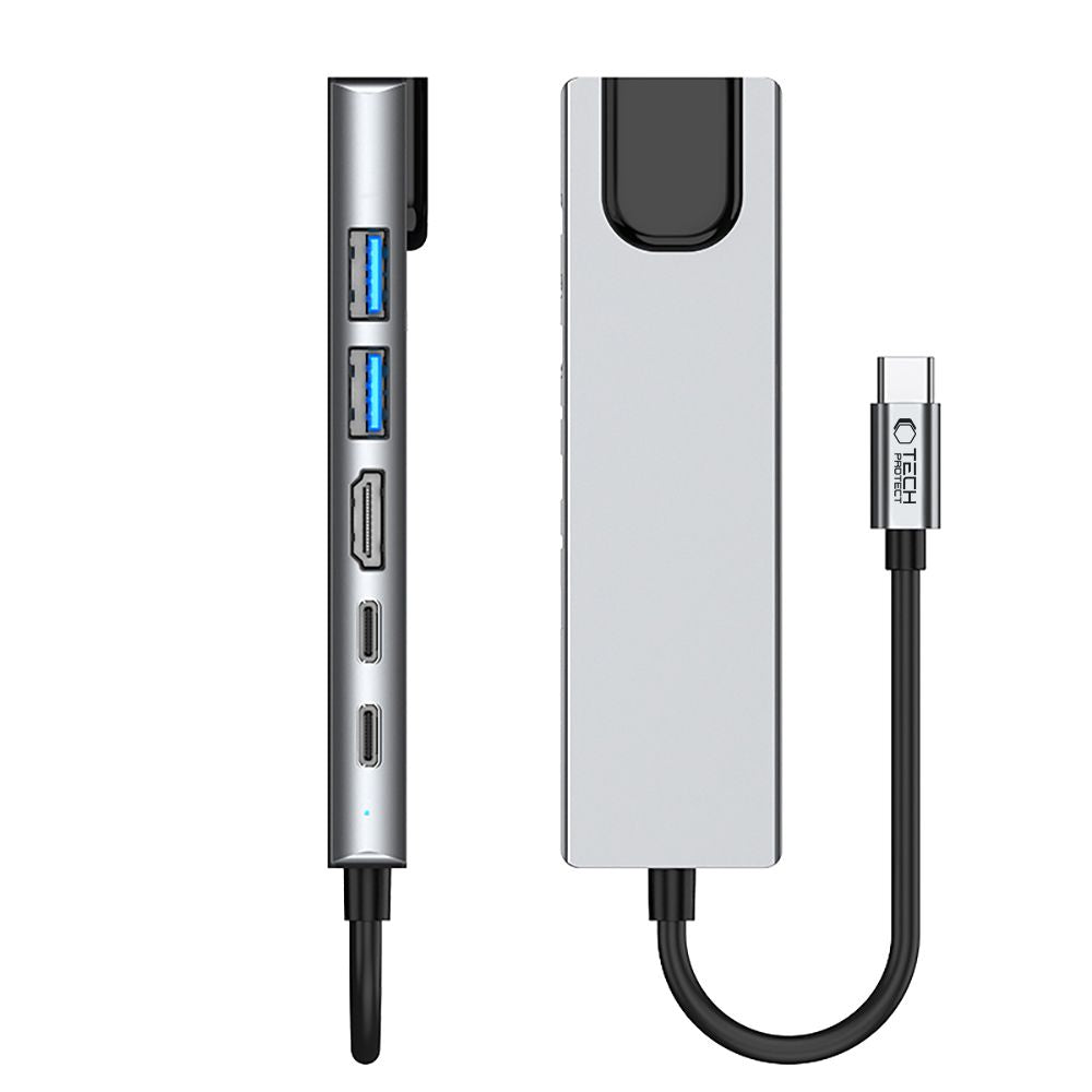 Tech-Protect HB02 HUB Adapter 6in1 USB-C + USB2.0 + USB3.0 + HDMI 4K 30Hz + RJ45 + PD100W - grått