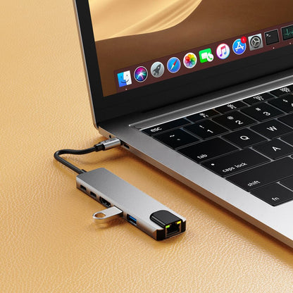Tech-Protect HB02 HUB Adapter 6in1 USB-C + USB2.0 + USB3.0 + HDMI 4K 30Hz + RJ45 + PD100W - grått