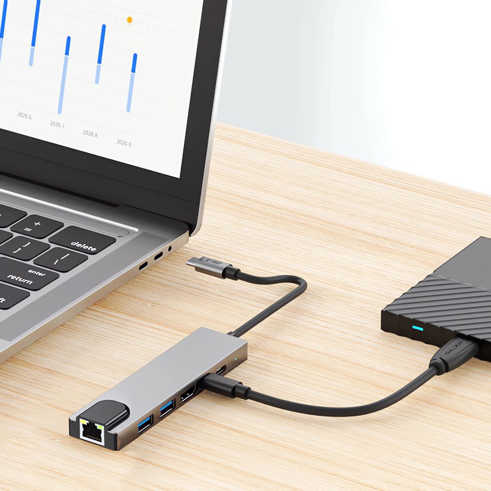 Tech-Protect HB02 HUB Adapter 6in1 USB-C + USB2.0 + USB3.0 + HDMI 4K 30Hz + RJ45 + PD100W - grått