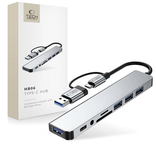 Tech-Protect HB06 HUB Adapter 8in1 TYPE-C + USB2.0 + USB3.0 + SD/TF + AV3.5 - grå
