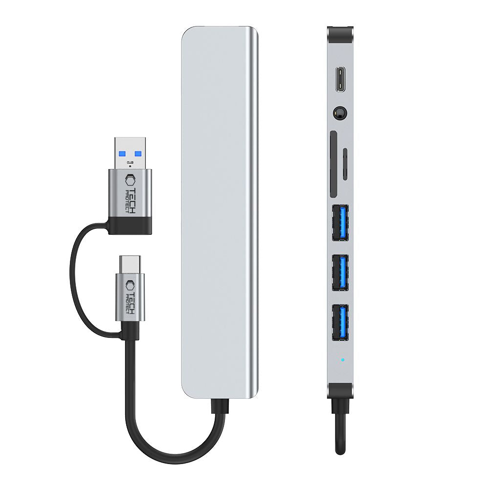 Tech-Protect HB06 HUB Adapter 8in1 TYPE-C + USB2.0 + USB3.0 + SD/TF + AV3.5 - grå