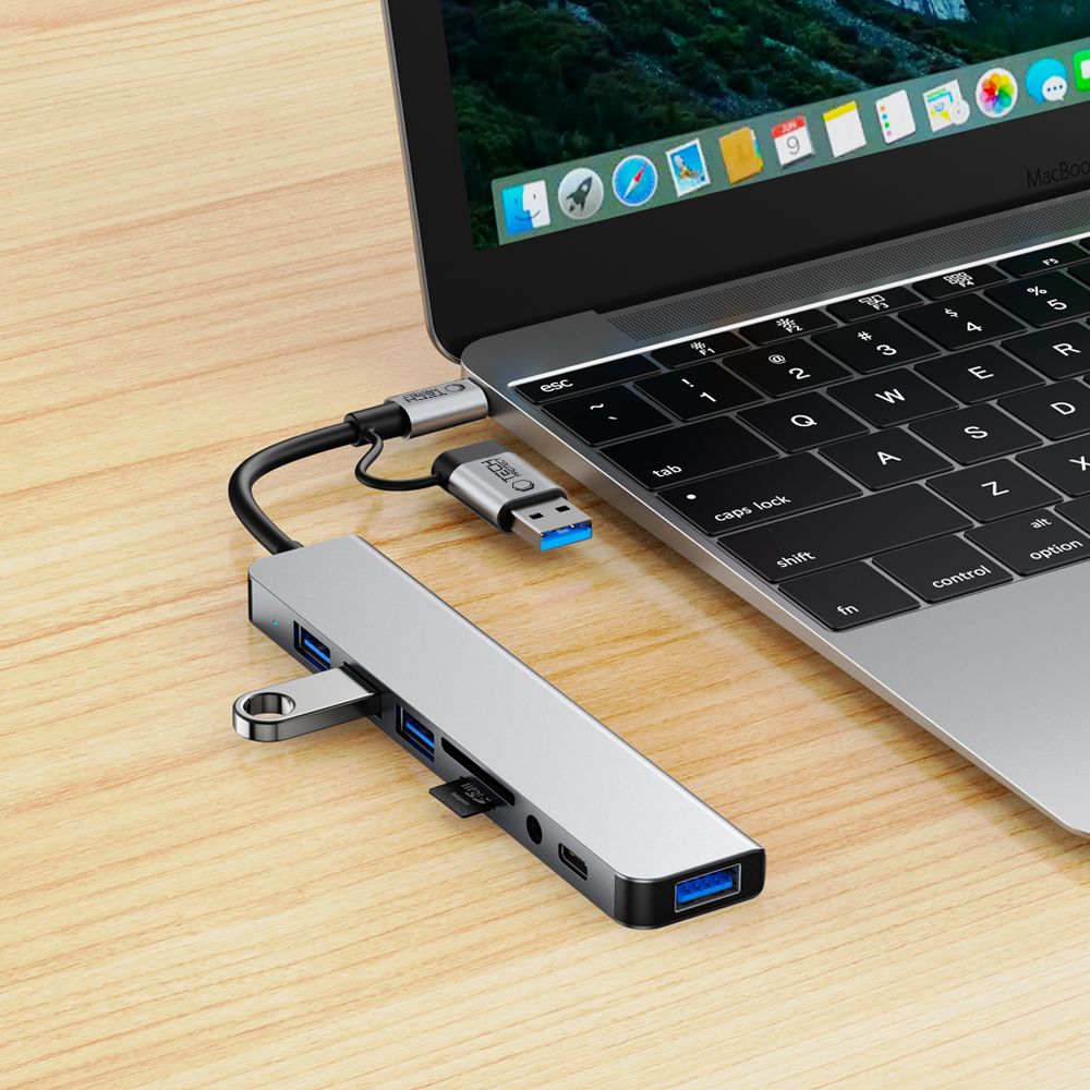 Tech-Protect HB06 HUB Adapter 8in1 TYPE-C + USB2.0 + USB3.0 + SD/TF + AV3.5 - grå