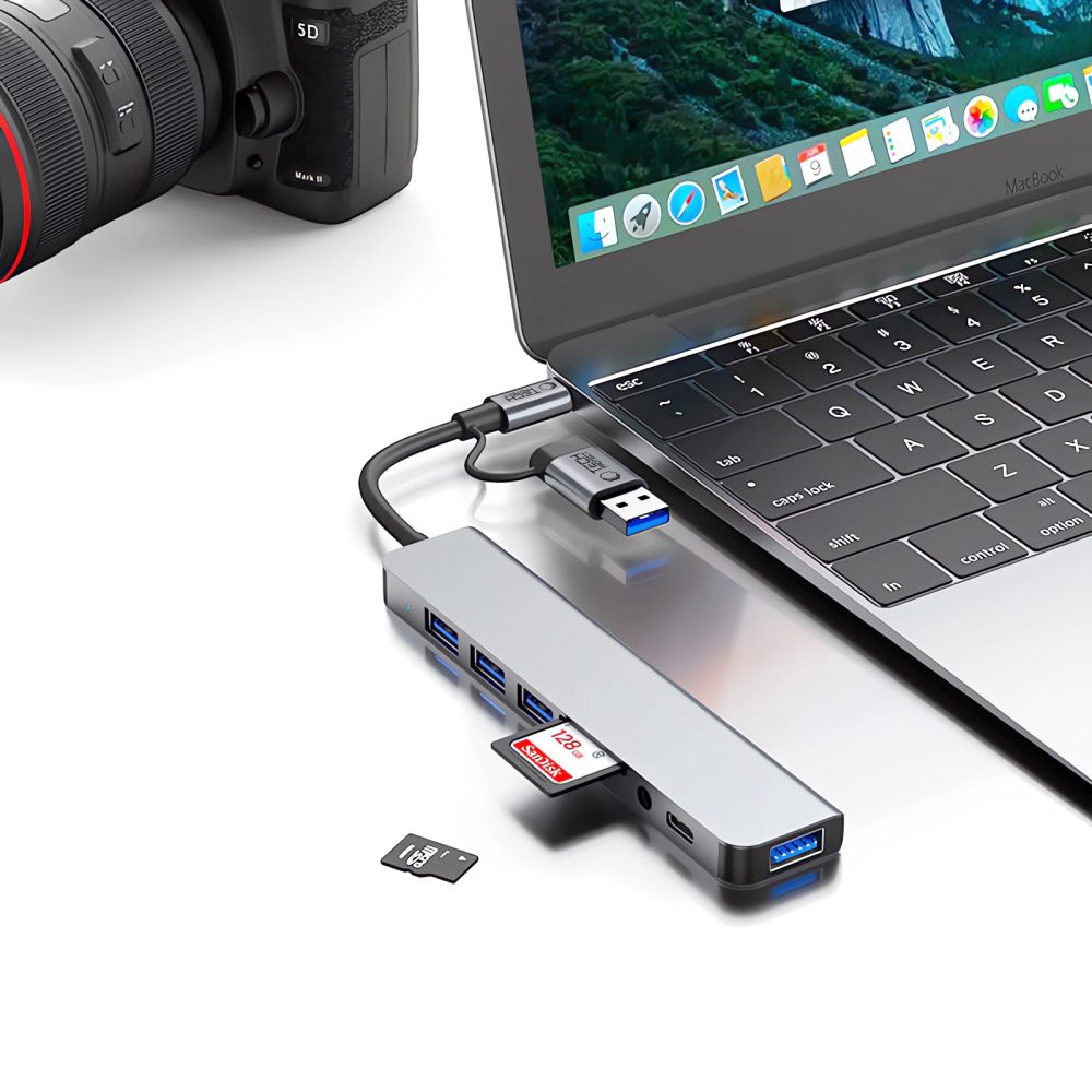 Tech-Protect HB06 HUB Adapter 8in1 TYPE-C + USB2.0 + USB3.0 + SD/TF + AV3.5 - grå