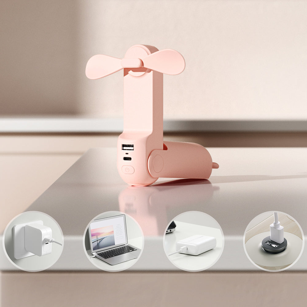 Jisulife Handheld Fan Life8 Portable USB Fan med Power Bank-funktion 2000mAh och ficklampa - Pink
