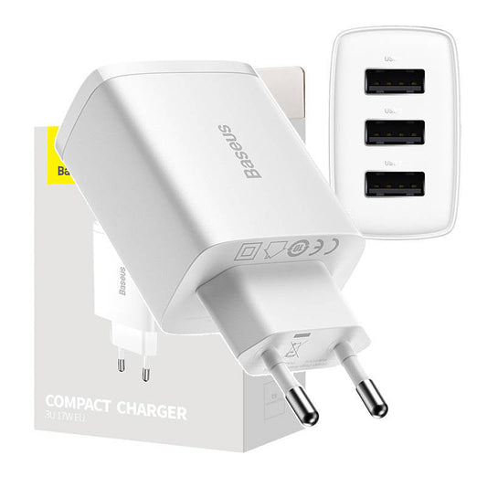 Baseus kompakt snabbladdare, 3x USB, 17W (vit