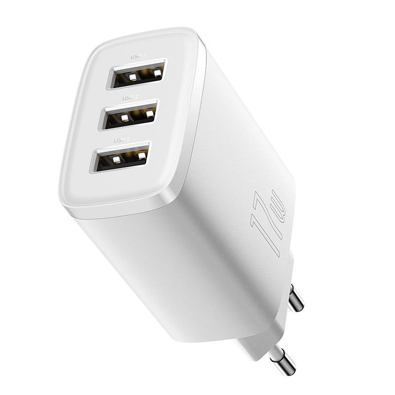 Baseus kompakt snabbladdare, 3x USB, 17W (vit