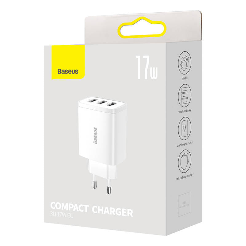 Baseus kompakt snabbladdare, 3x USB, 17W (vit