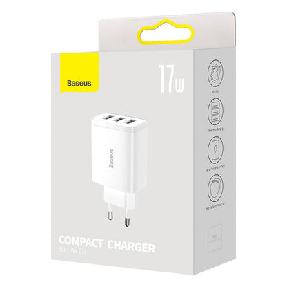 Baseus kompakt snabbladdare, 3x USB, 17W (vit