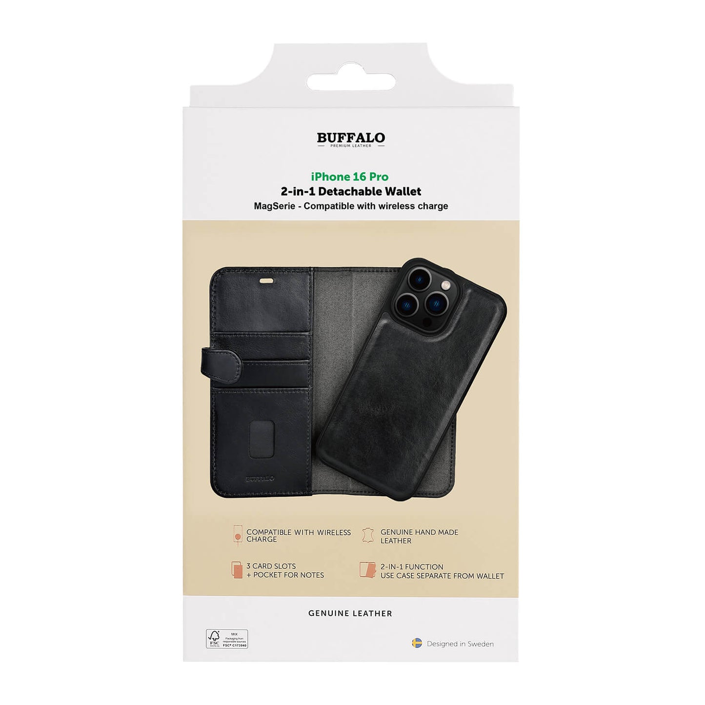 Buffalo 2in1 Leather 3 Card Mag Series iPhone 16 Pro Black
