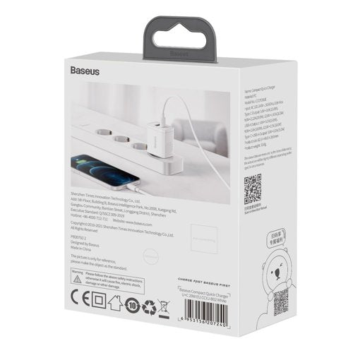 Baseus Kompakt Snabbladdare USB / USB Typ C 20W 3A Strömförsörjning Snabbladdning 3.0 Vit (CCXJ-B02)
