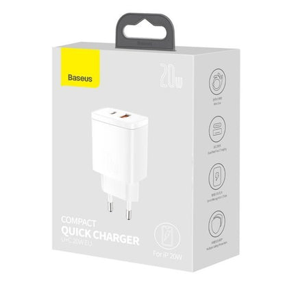 Baseus Kompakt Snabbladdare USB / USB Typ C 20W 3A Strömförsörjning Snabbladdning 3.0 Vit (CCXJ-B02)