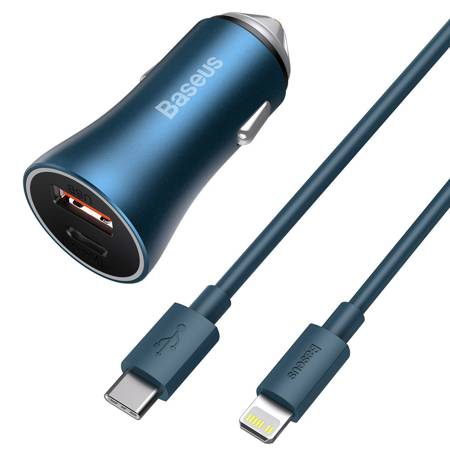 Baseus Golden Contactor Pro billaddare, USB + USB-C, QC4.0+, PD, SCP, 40W (blå) + USB-C Lightning-kabel 1m (blå)